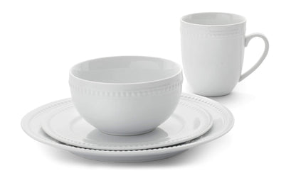 Everyday White by Fitz and Floyd, Beaded 16 Piece Dinnerware Set, Service for 4