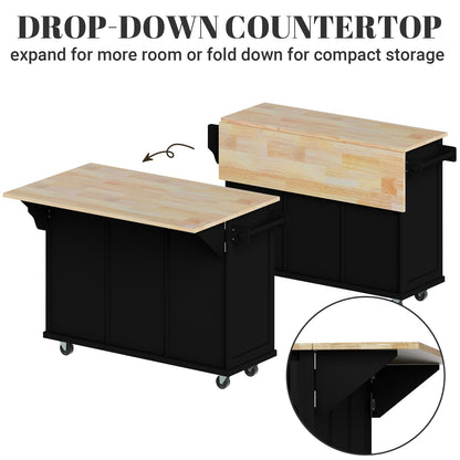 Rovibek Kitchen Island with Drawers 53 in Rolling Island Cart Mobile Portable Islands on Wheels Solid Wood Island with Storage Cabinet & Drawers, Jet Black