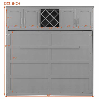 Murphy Bed Queen Size,Murphy Bed with Top Cabinets & Wine Rack,Space-Saving Hideaway Wall Foldable Bed w/Dual Piston Metal Folding Mechanism,Bedroom Folding Bedframe for Guest Room,Gray