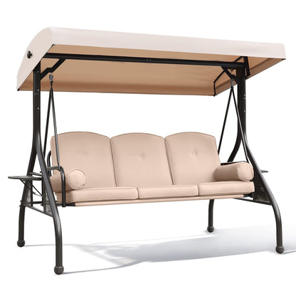 NOBLEMOOD Patio Porch Swing, 3-Seat Outdoor Swing with Adjustable Canopy, Waterproof Fabric Cushion, Pillow and Foldable Side Tray for Patio, Backyard, Porch Swing Bed for Spring