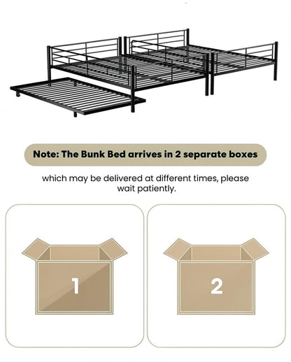 Miscoos Full XL Over Queen Bunk Bed with Trundle, Heavy-Duty Queen Bunk Bed with with Safety Ladder and Full-Length Guardrail, Convertible to 3 Beds for Teens and Adults, Black