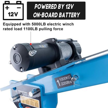 Pismire 1T/2200lb Folding Truck-Mounted Bed Crane - 5000lb 12V Electric Winch, 360° Swivel, Quick Removal Design, Painted Steel for Pickups，Blue