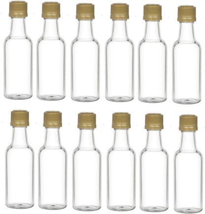 Nakpunar 12 pcs 50 ml Clear Plastic Liquor Bottles with Gold Cap - MADE IN USA