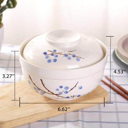 WHJY Japanese Creative Hand-painted Ceramic Tableware with Lid for Soup and Noodles, with Heat Preservation Function, Integrated Bowl and Lid - Blue Plum