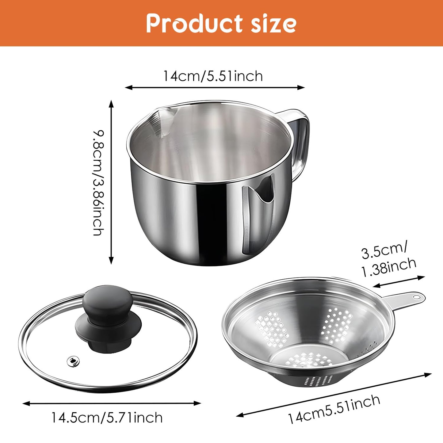 Hapivida Bacon Grease Container with Strainer, 35oz/1L Stainless Steel Oil Separator Saver with Fine Mesh Strainer Oil Filter Pot with Lid Fat Storage