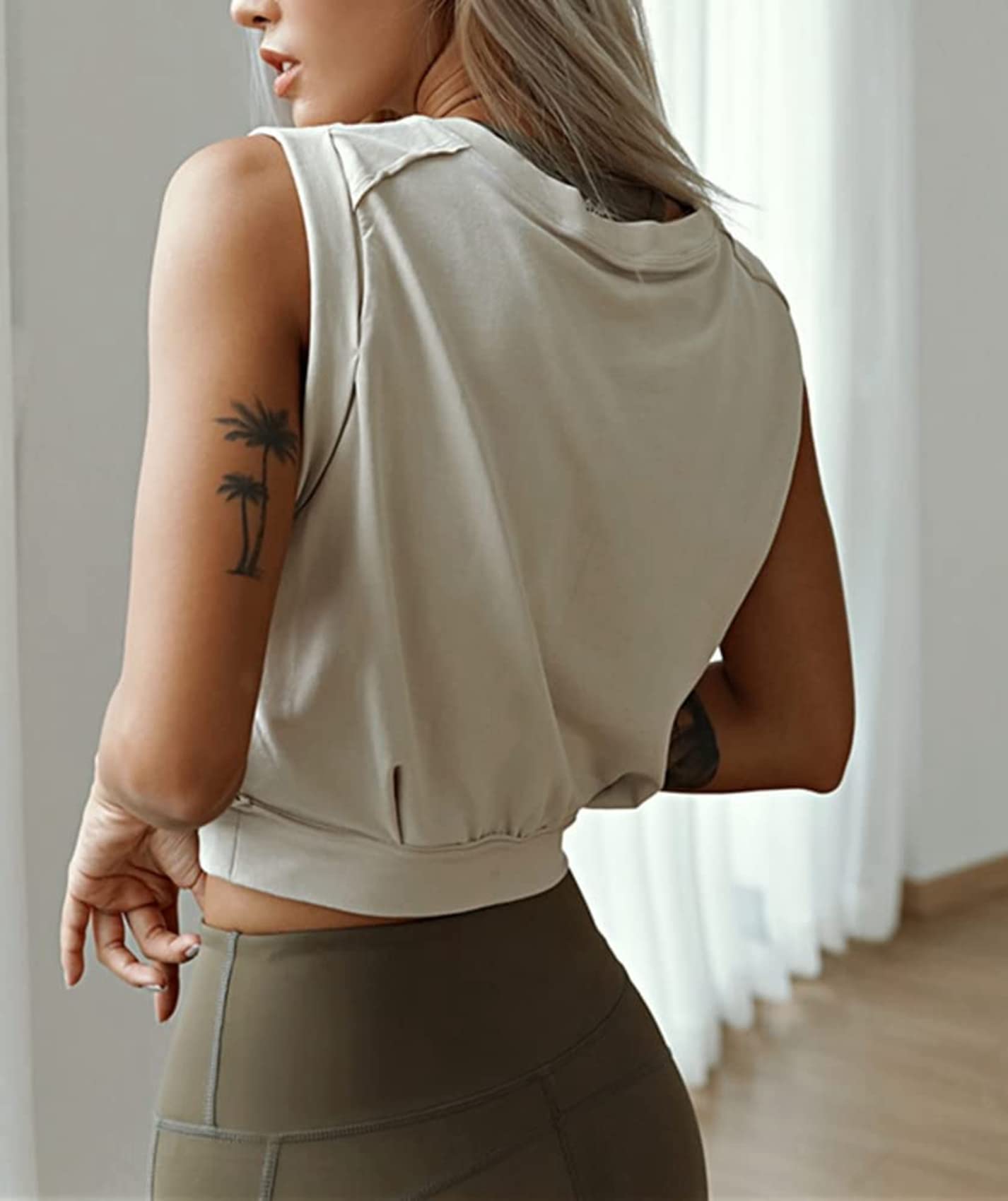 ARRIVE GUIDE Crop Top Athletic Shirts for Women Cute Sleeveless Yoga Tops Running Gym Workout Tshirts Apricot S