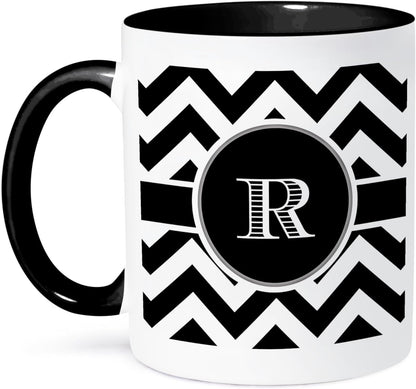 3dRose Black and White Chevron Monogram Initial R Mug, Two Tone Black, 11oz