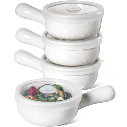 LE TAUCI Soup Bowls with Handles and Silicone Lids, 15 Oz French Onion Soup Bowls, Non-Toxic Ceramic Soup Crocks for Noodles, Stew, Cereal and Chilli, Oven Microwave Dishwasher Safe, Set of 4, White