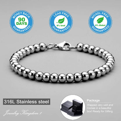 Jewelry Kingdom 1 Bracelet for Women and Men, Beaded Chain Stainless Steel, Handmade Jewelry (Thick of 6MM and Length of 9")