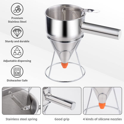 shoxil 40oz Pancake Batter Dispenser, Stainless Steel Cake Dispenser with 4 Caliber Funnel & Stand, Baking Tools for Pancakes, Cupcakes & Baked Goods