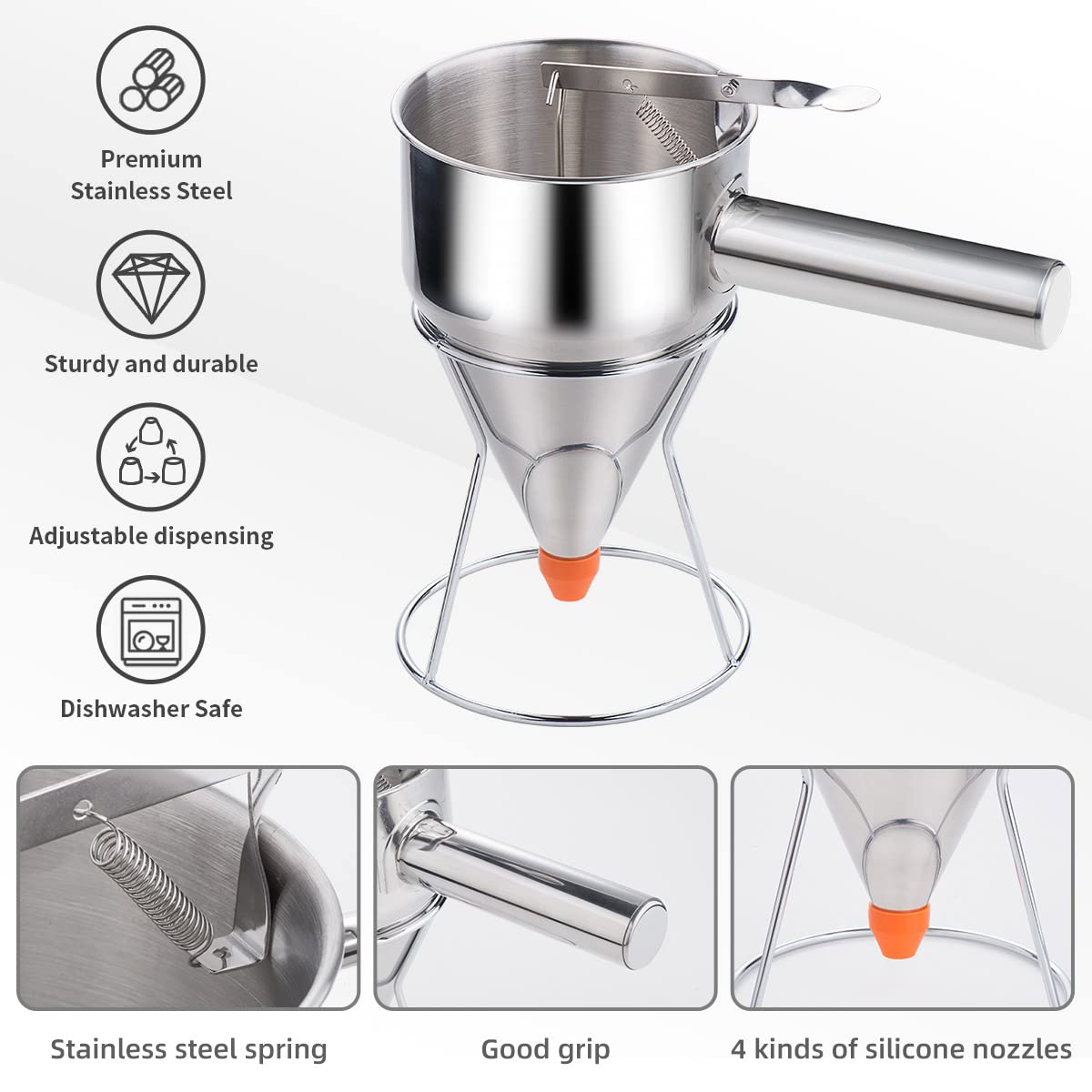 20oz Pancake Batter Dispenser, Stainless Steel Funnel Cake Dispenser with 4 Silicone Nozzles, Perfect for Pancakes, Cupcakes, and Funnel Cakes