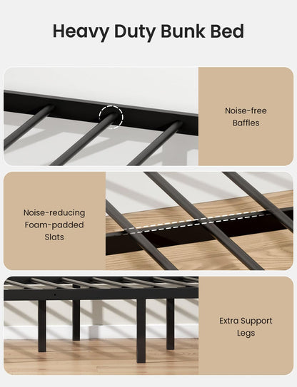 Mixcous Twin XL Over Queen Bunk Bed, Heavy Duty Queen Bunk Bed for Adults, Metal Bed Frame with Full-Length Guardrails & EVA Padded Anti-Slip Ladder, No Box Spring Needed, Black