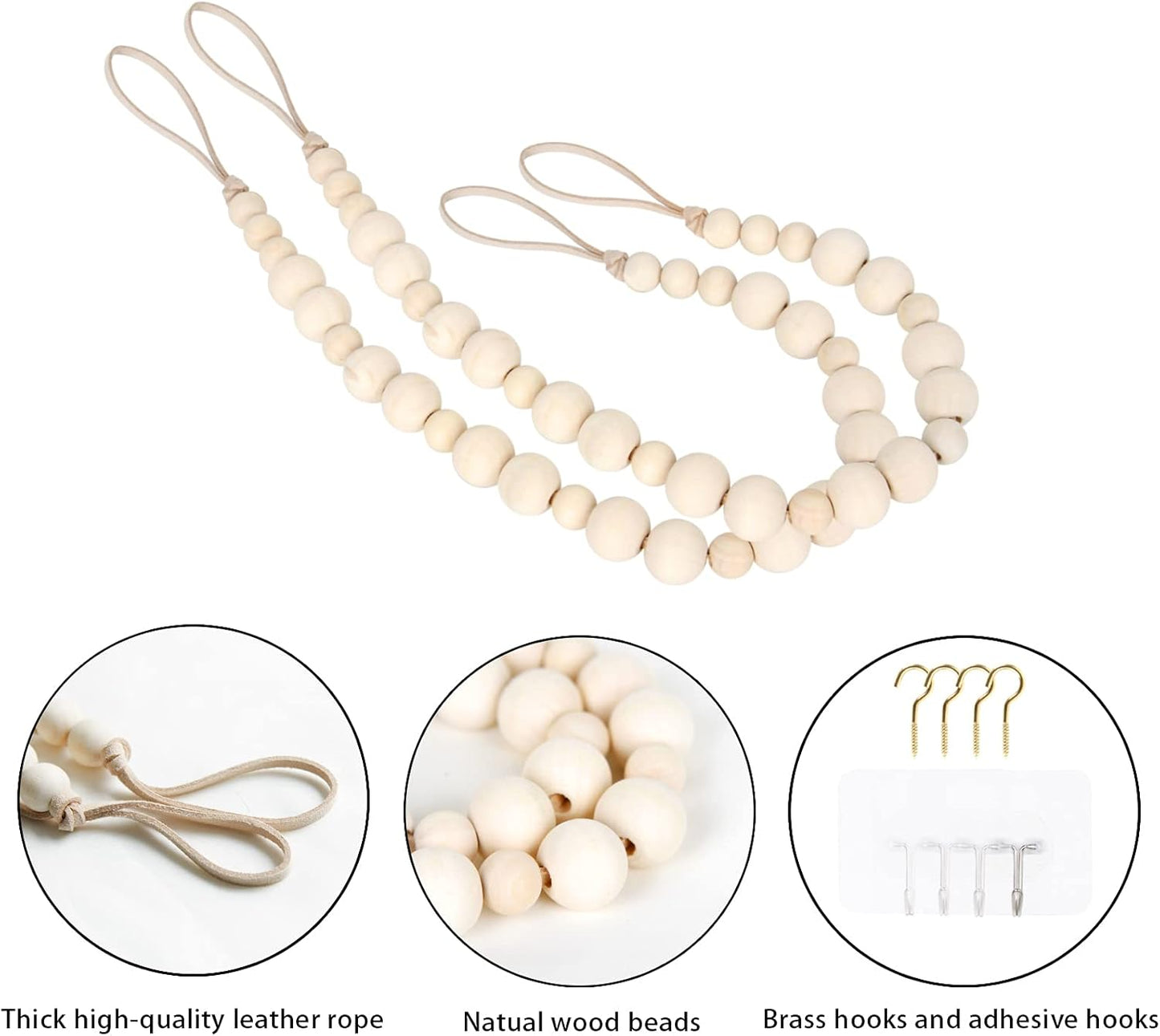 2 Color,2) OCIOLI Pieces of Wood Bead Curtain Tieback Boho Curtain Tiebacks Curtain Holdbacks for Wall Curtain Ties