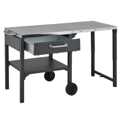 GDFStudio Outdoor Folding Kitchen Cart with Stainless Steel Top, Rolling Grill Prep Table with Drawer and Shelf, Portable Serving Cart with Wheels for Patio Backyard BBQ Cooking Station, Grey