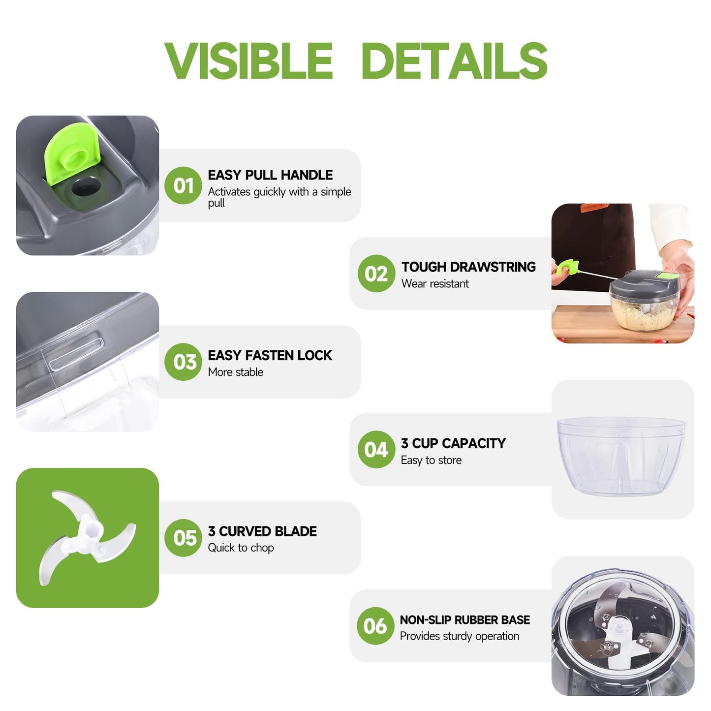 Ziweaye Manual Food Processor Vegetable Chopper, Portable Hand Pull String Garlic Mincer Onion Cutter for Veggies, Ginger, Fruits, Nuts, Herbs, etc., 500ml,（Gray-green）
