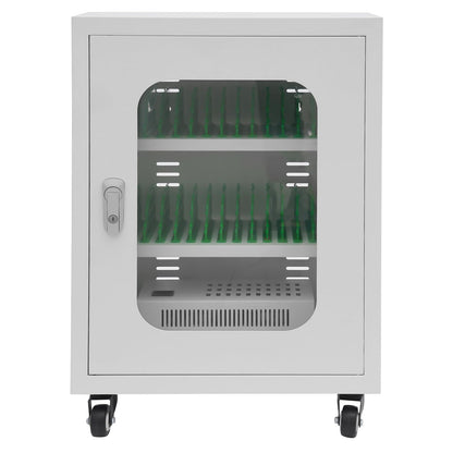 30 Device Charging Station, Mobile Charging Cart for Phones with Tempered Glass Door Rolling Phone Charging Cabinet with Cable Management Slot for Classroom Office (White)