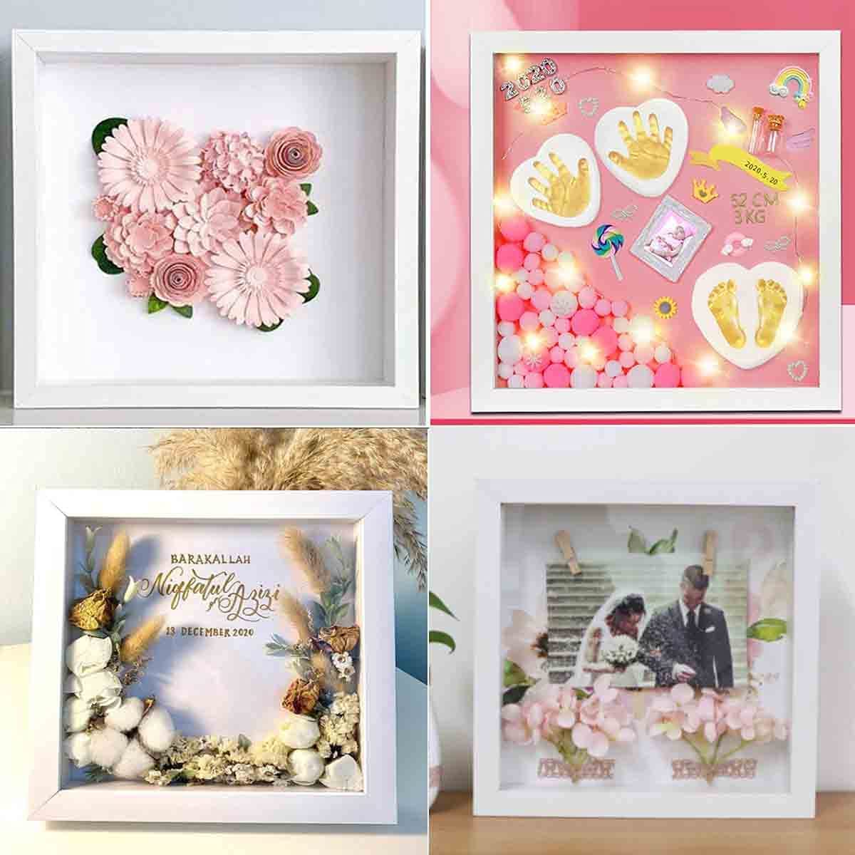 TouYinger 8x8 White Shadow Box Frame Display Case (2 Packs) with Letter Stickers, Display Case Box for Memorabilia, Baby Items, Wedding Memories, Crafts, Tickets and Photos