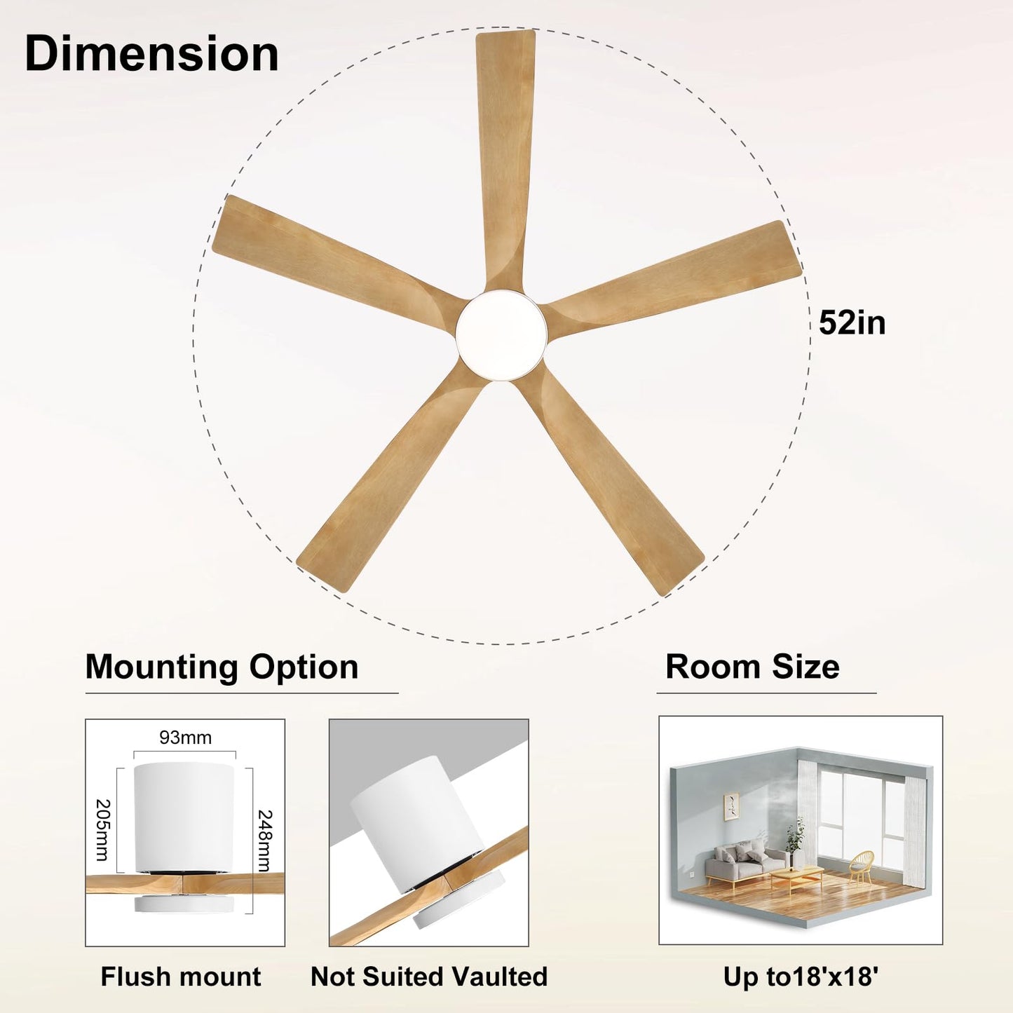 ELEHINSER 52 Inch Flush Mount Ceiling Fan with Lights, Low Profile Modern Ceiling Fan with Remote, Quiet DC Motor, 6-Speed, 3CCT,Timer, 5 Solid Wood Blades, White+Light Wood