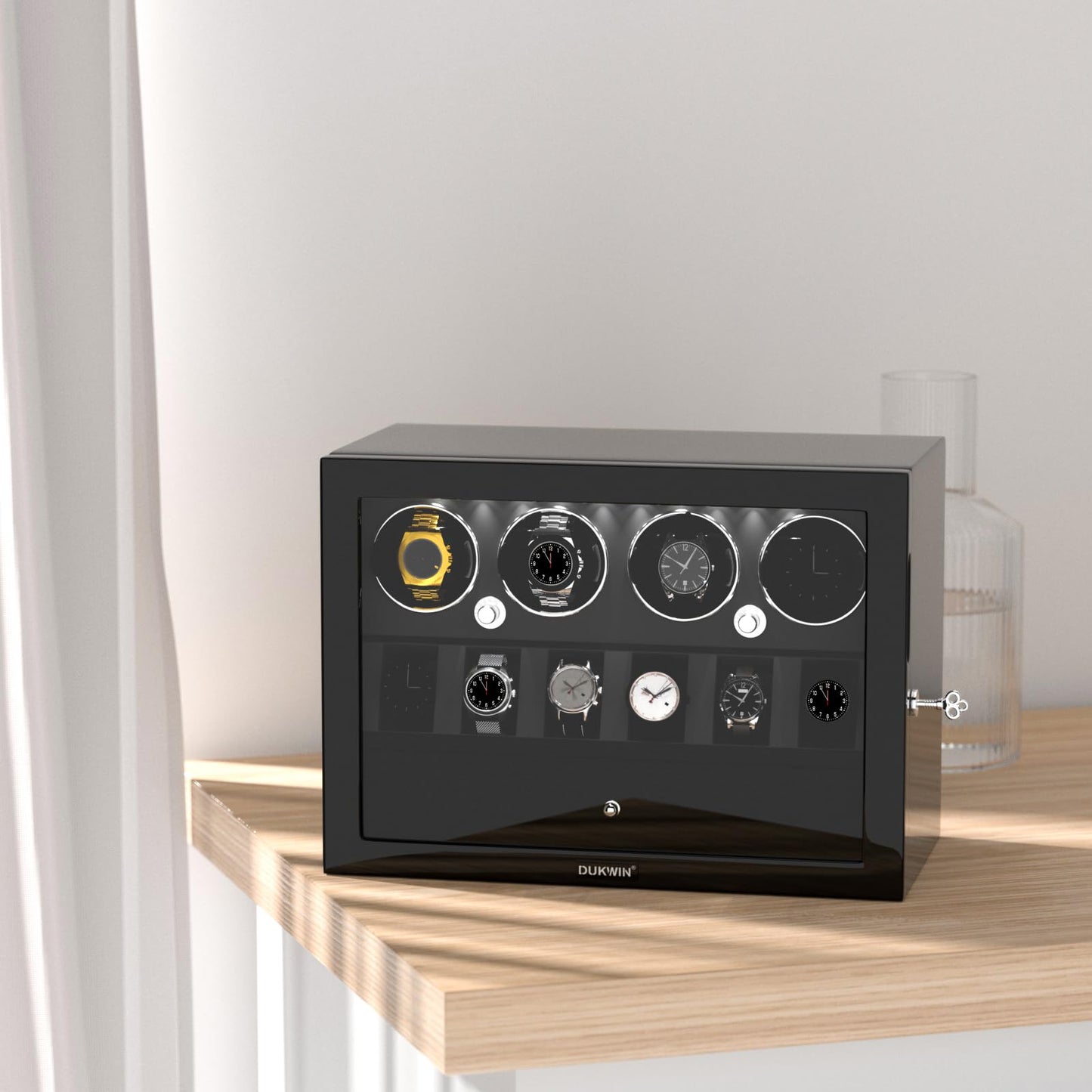 DUKWIN Watch Winder for 4 Automatic Watches, Watch Winders with Watch and Jewelry Storages, Super Quiet Mabuchi Motor with High-Gloss Piano Lacquer Finish,Built-in Illumination