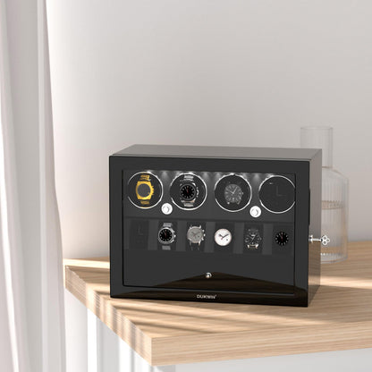 DUKWIN Watch Winder for 4 Automatic Watches, Watch Winders with Watch and Jewelry Storages, Super Quiet Mabuchi Motor with High-Gloss Piano Lacquer Finish,Built-in Illumination