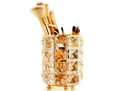 JOSALINAS Golden Crystal Makeup Brushes Holder Organizer for Cosmetics Comb Brushes, Eyebrow Pen Pencil Storage Case Container, Golden