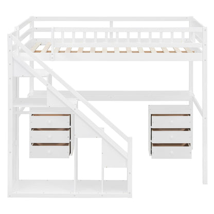 Merax Full Size Wood Loft Bed with Stairs, Built-in Desk, 2 Storage Drawers & Lights, Space Saving Bed for Teens, Adults, Study Loft Bed with Underbed Storage, White