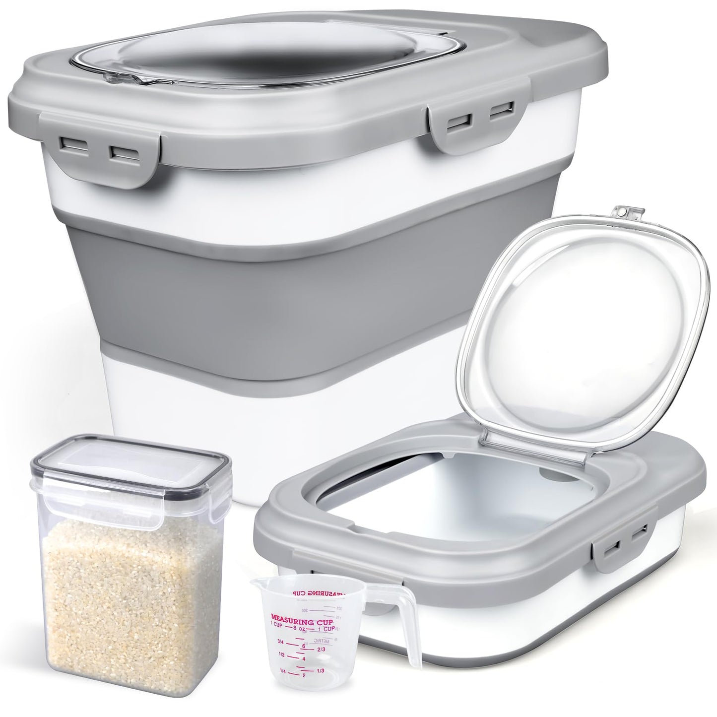 Komzon Rice Storage Container, Collapsible Airtight Food Storage Containers 6-20 Lbs, Rice Dispenser with Measuring Cup and Small Bin for Flour Cereal Pasta Grain, Cat Pet Dog Bird Food Container