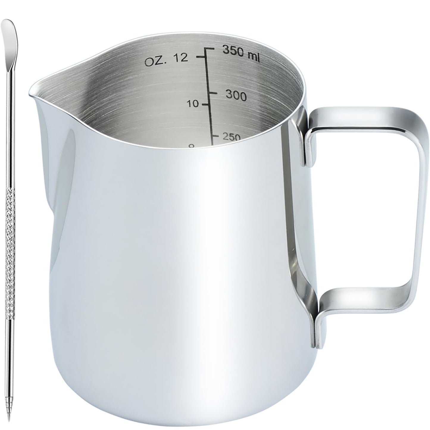 CAMKYDE Stainless Steel Milk Frothing Pitcher 12 oz, Espresso Steaming Pitcher with Decorating Pen for Espresso Machines, Cappuccino, Latte Art (Silver)