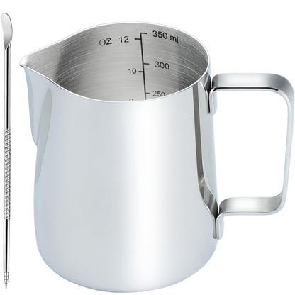 CAMKYDE Stainless Steel Milk Frothing Pitcher 12 oz, Espresso Steaming Pitcher with Decorating Pen for Espresso Machines, Cappuccino, Latte Art (Silver)