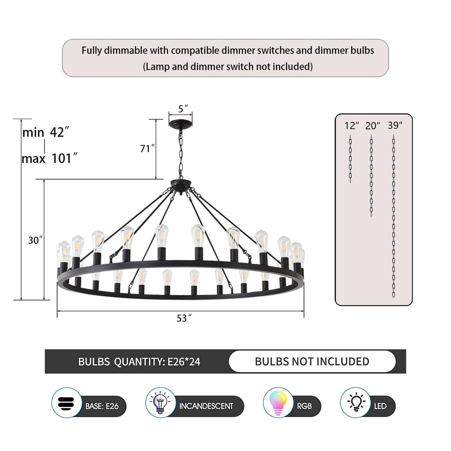 53” Large Farmhouse Wagon Wheel Chandelier,Black Rustic Chandelier 24-Lights,Round Dining Room Light with Adjustable Height,Industrial Ceiling Light Fixtures for Kitchen,Foyer,Porch,Living room