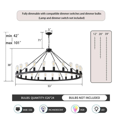 53” Large Farmhouse Wagon Wheel Chandelier,Black Rustic Chandelier 24-Lights,Round Dining Room Light with Adjustable Height,Industrial Ceiling Light Fixtures for Kitchen,Foyer,Porch,Living room