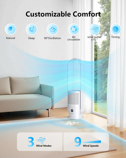 U ULTTY Bladeless Fan with Air Purifier, Quiet Tower Fan with Remote, Touch, 9 Speeds, 8H Timer, HEPA Filter 99.97%, 90° Oscillation Fans, Floor Fans Powerful for Home Office Room, CR022D White