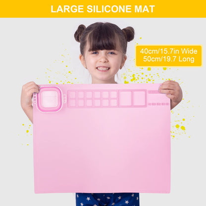 Silicone Painting Mat, Art Mat with Cup, Craft Paint Brush Cleaner Tool, Artist for Kids Gift Clay DIY Creations, Christmas Gift for Kids (Pink)