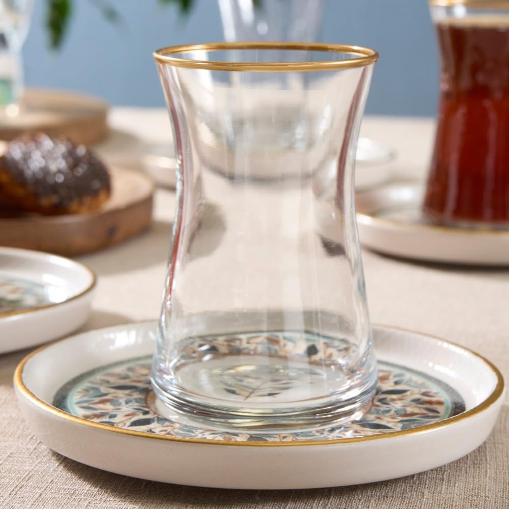 12-Piece Set 6 KARACA Clara Multicolor Turkish Tea Glass & Saucer Elegant Multicolour Design for People