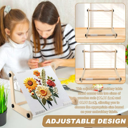 Adjustable Embroidery Table Stand, Wood Embroidery Hoop Holder, Hands-Free Cross Stitch Scroll Frame Needlepoint Stand for Lap/Table Top Stitching Sewing, 11.8" & 15.75" 2 Size Rod(Color:Wood)