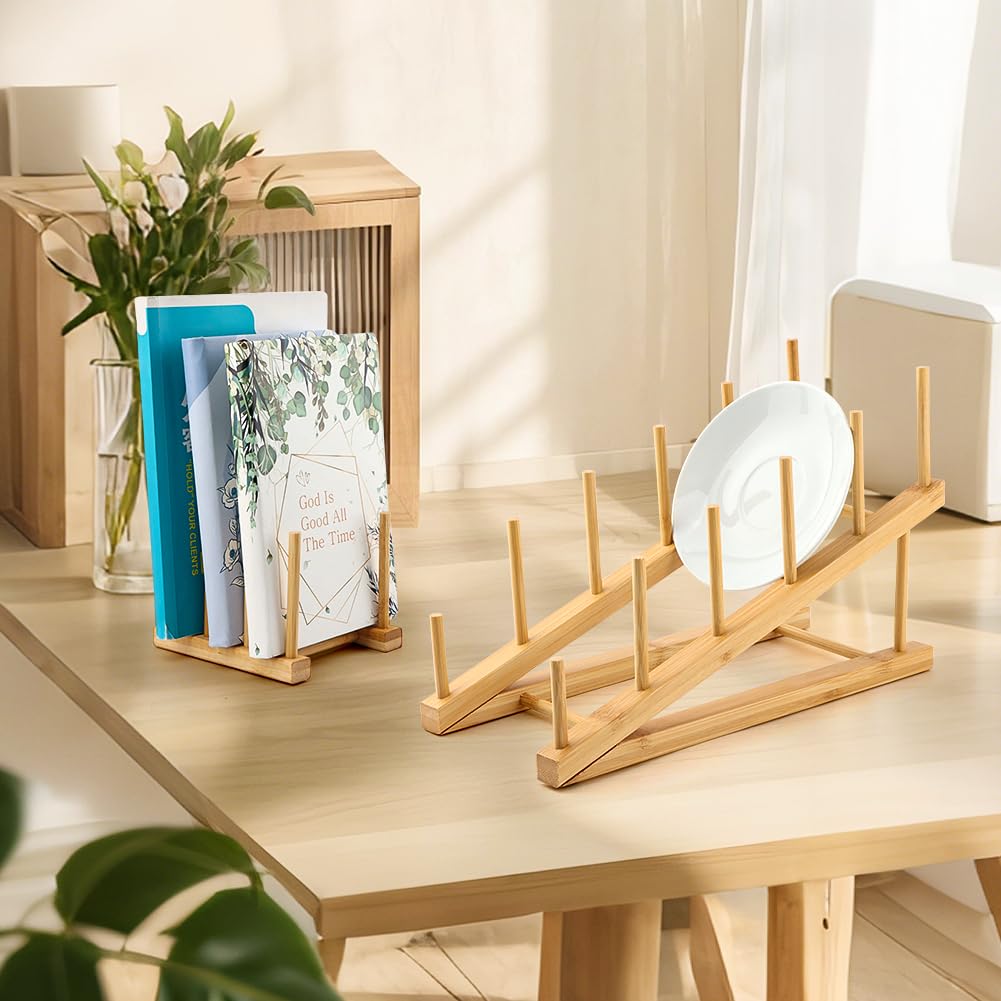 Bibabala 2Pcs Plate Stands for Display, Wooden Plate Holders with 1 Cup Holder,5 Tiers Bowl Rack, Craft Show Display Stands for Tabletop Book, Artwork, Photo, Record, Magazine, Platter