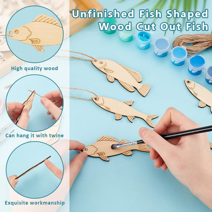 AHANDMAKER 3 Styles 30Pcs Wooden Fish Cutouts, Fish Shape Unfinished Blank Wooden Signs with Hemp Rope, Wood Craft Supplies, Fish Hanging Ornaments for Home Pets Themed Party Decoration DIY Crafts