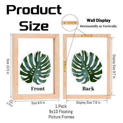8x10 Floating Picture Frames Double Sided Tempered Glass Oak Wood Picture Frame Floating Display for Photos 6x8,5x7,4x6,or Full Display for 8"x10" Photos for Christmas,Halloween,Baby Scan,Anniversary,Wedding(Beige)