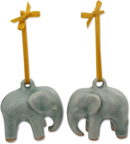 NOVICA Celadon Ceramic Handing Holiday Ornaments, Light Blue Elephant (Pair)