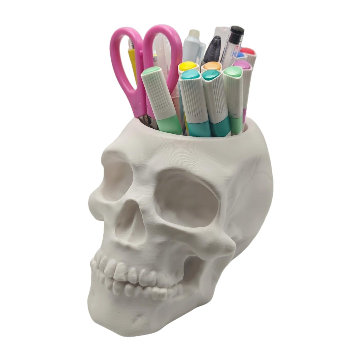 3D Printed Skull Pen Pencil Holder, Makeup Brush Holder, Vanty Desk Office Organzer Goth Decorations Gothic Skulls & Bones Large Capacity Organizer (White)