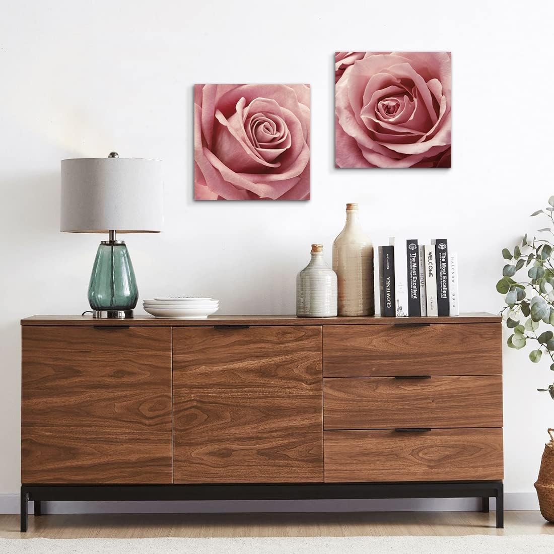 Gardenia Art Pink Rose Close Up Canvas Wall Art, 2 Piece Blush Pink Floral Paintings for Living Room or Office 12"x12"