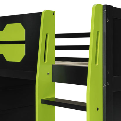 Full Size Wood Gaming Loft Bed with Desk, Full Loft Bed with Multi-Storage Shelves, Light and Charging Station for Teens, Adults Desk Built-in Console Shelf Underneath No Box Spring Needed, Green