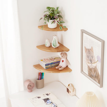 14 inches Oak Corner Shelf Natural Wood Floating Corner Shelves Round End Wall Mounted Display Shelf Corner Plant Stand