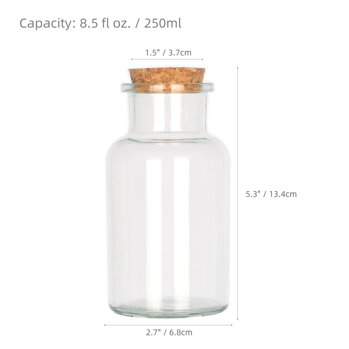 Magic Season Decorative Glass Bottles with Cork Stoppers (250 ml Wide Mouth Round Bottles/Set of 2)