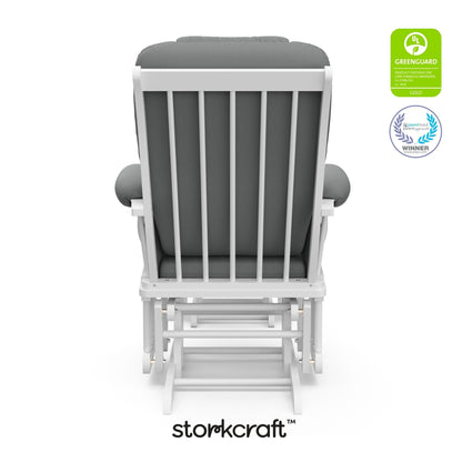 Storkcraft Tuscany Custom Glider and Ottoman with Free Lumbar Pillow (White/Grey) - Cleanable Upholstered Comfort Rocking Nursery Chair with Ottoman