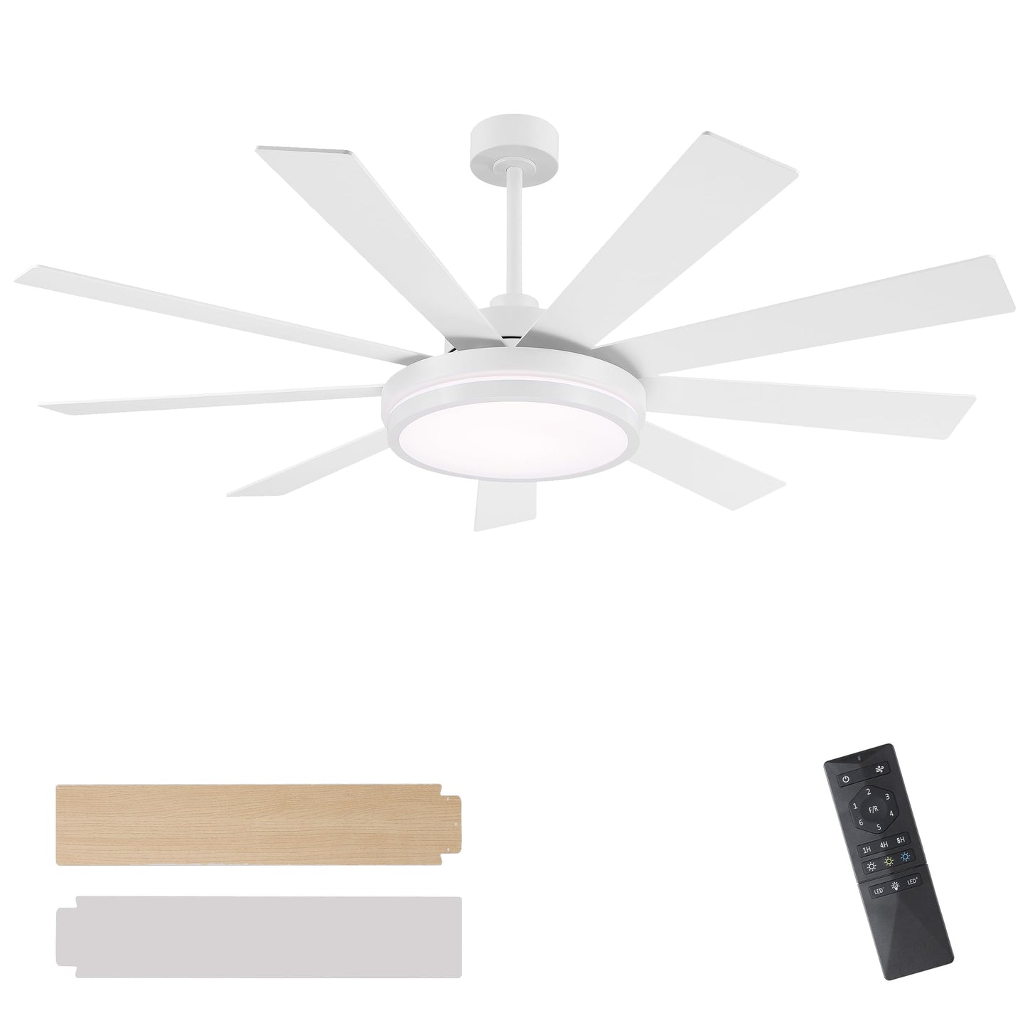 WINGBO 60" Ceiling Fan with Light - Large LED Dimmable Light, 6-Speed Remote Control, Reversible DC Motor, Modern Ceiling Fan 9 Blades for Bedroom, Living Room, Indoor Outdoor White and Oak