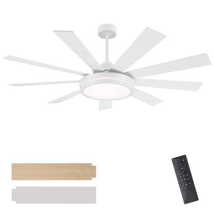 WINGBO 60" Ceiling Fan with Light - Large LED Dimmable Light, 6-Speed Remote Control, Reversible DC Motor, Modern Ceiling Fan 9 Blades for Bedroom, Living Room, Indoor Outdoor White and Oak