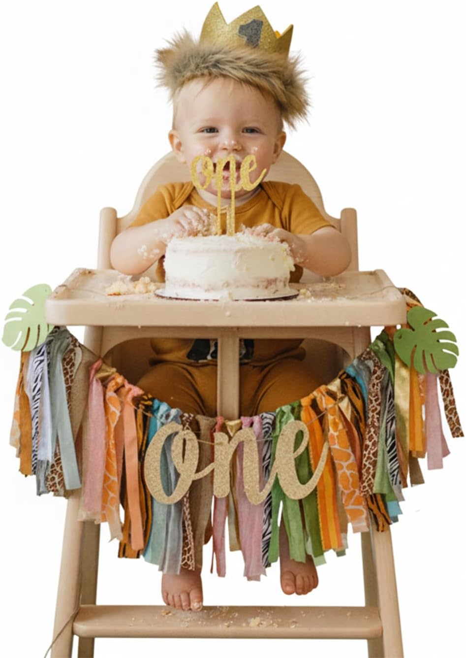 1st Set PapaKit Wild One Birthday Boys High Chair Decoration Premium - Lion King Crown, Rustic Ribbon Garland, Palm