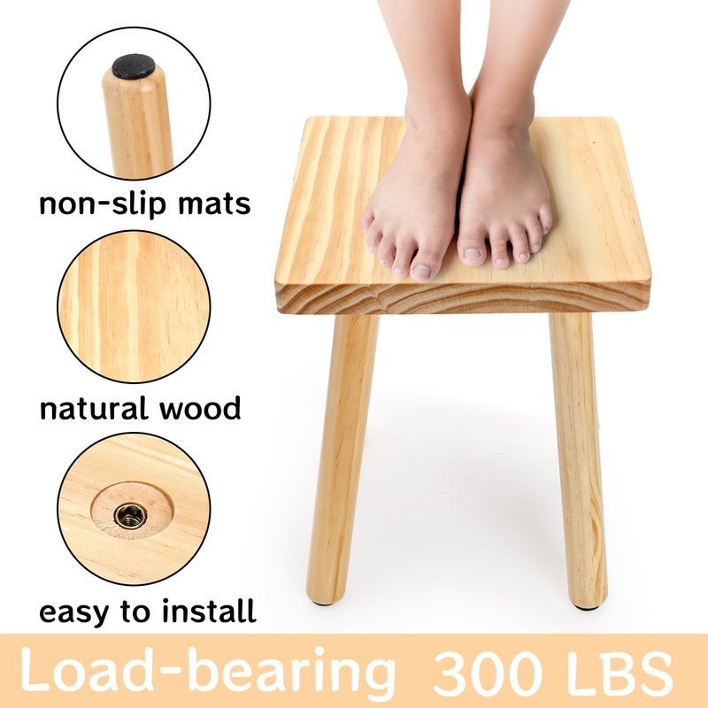 Goaste 9.5 Inch Wooden Step Stool, Solid Square Sitting Stools for Adults Kids, Multi-Purpose Short Chair Perfect Matched Sensory Table, 4-Legged Small Foot Rest Stool for Playroom, Kitchen, Bedroom