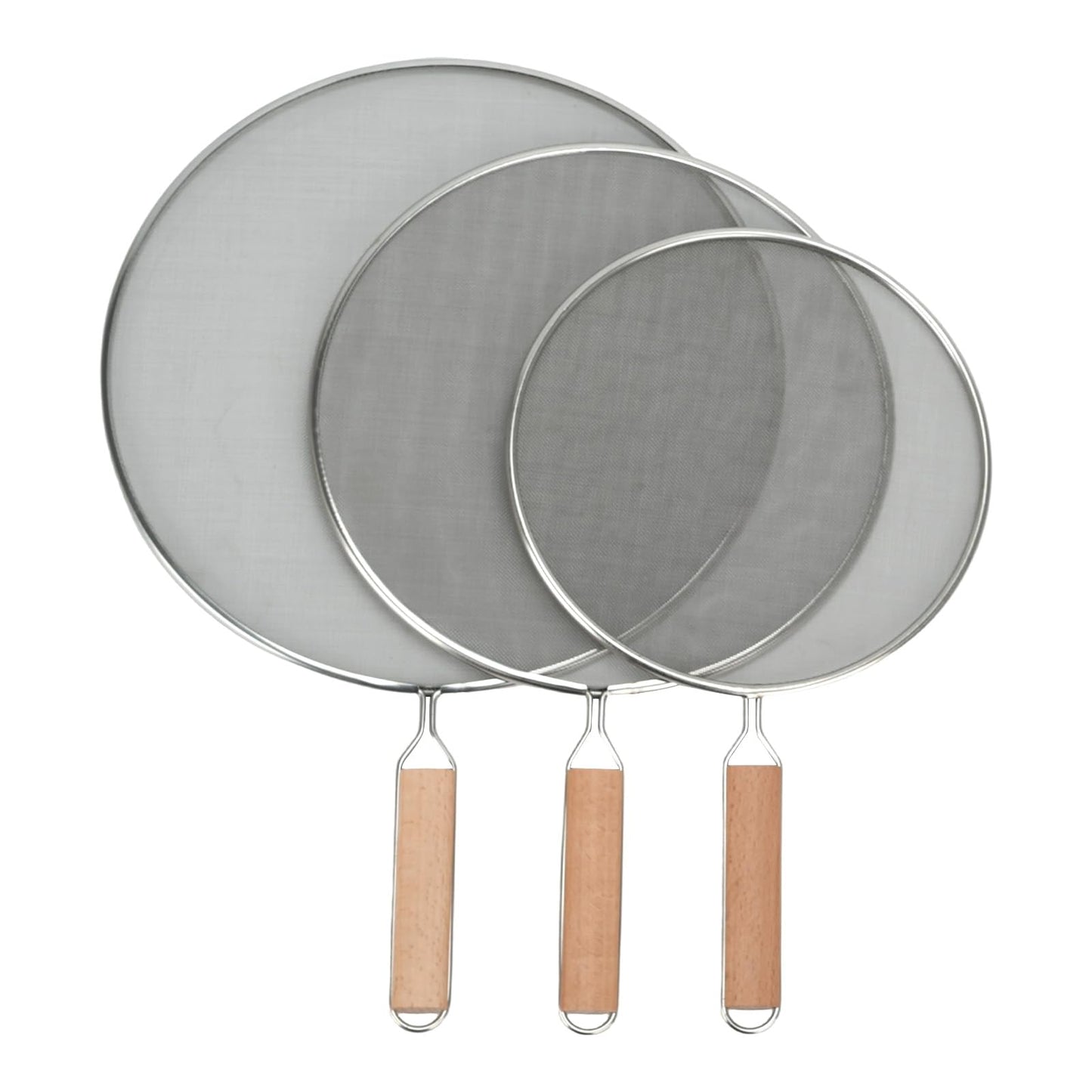 3 Pieces Grease Splatter Screen for Frying Pan, 21/25.5/29cm, with Wooden Handle
